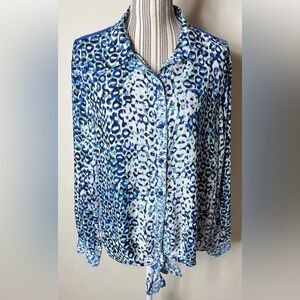 City View women’s blue mix knit button down top Sz large shirt bow